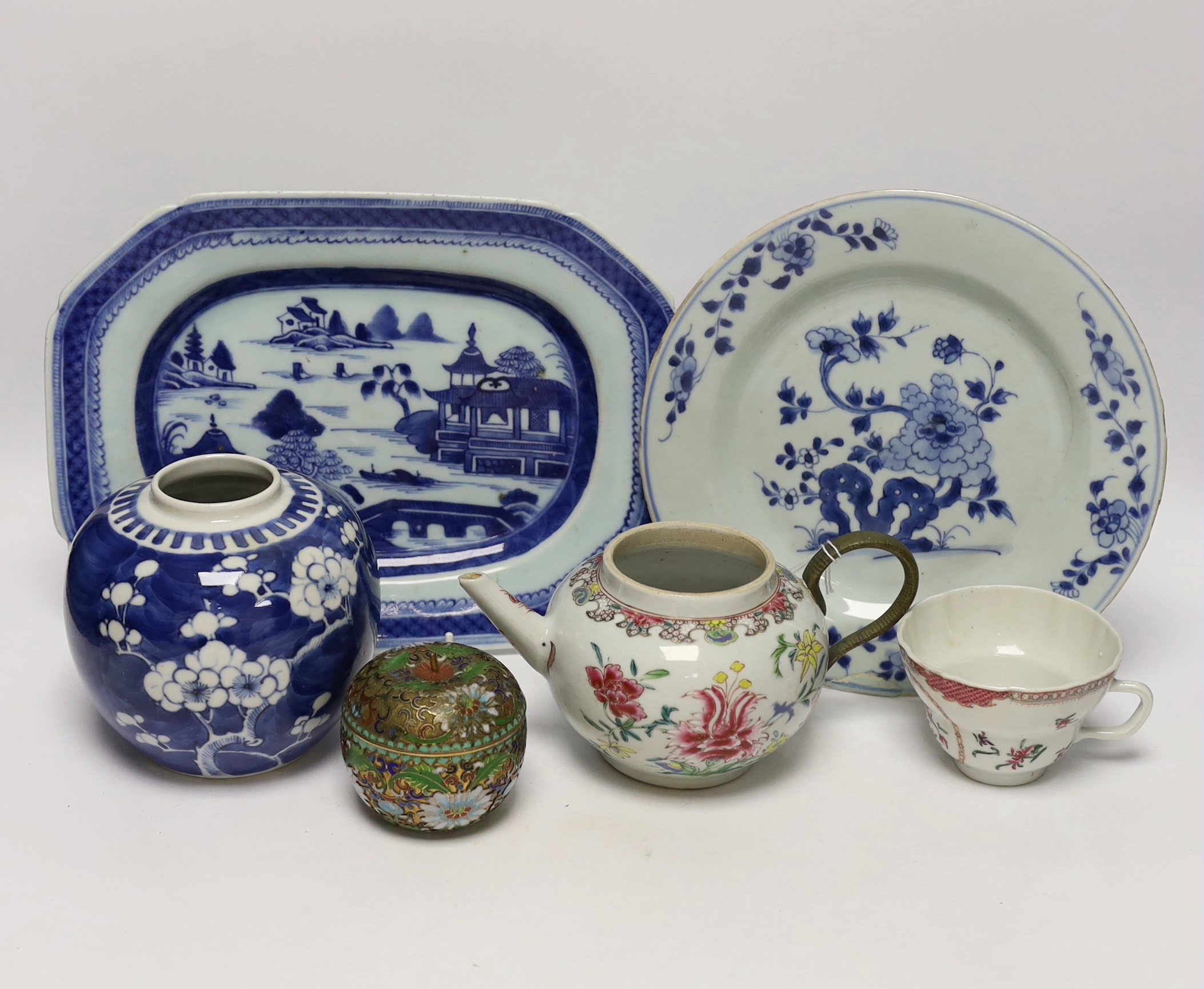 An 18th/19th century Chinese teapot, cup, dish, platter, jar and a cloisonne box, platter 28.5cm wide